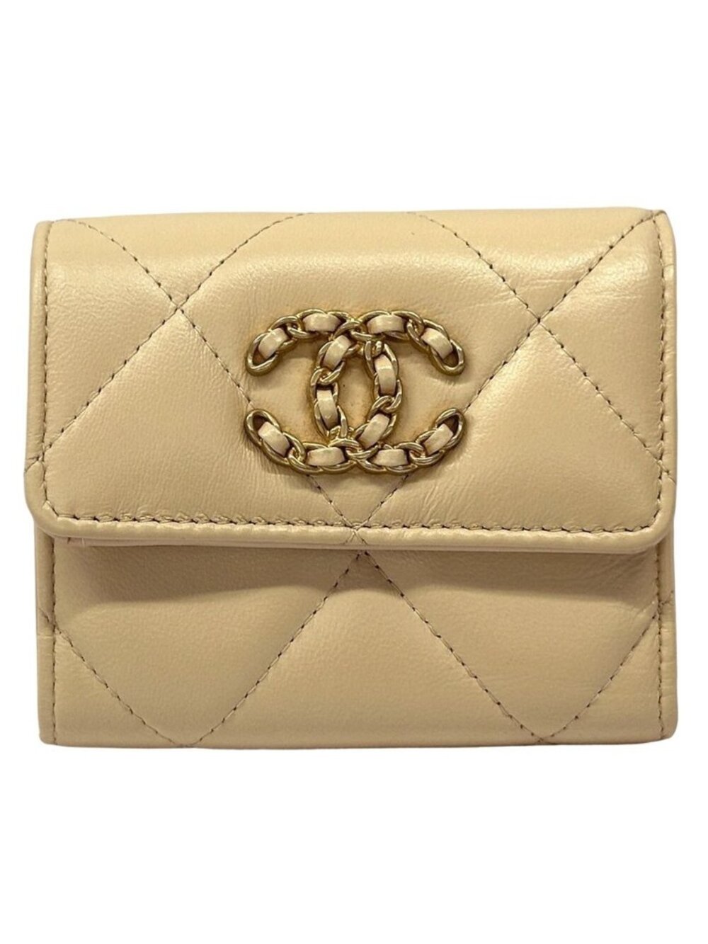 Chanel Wallet 19 Bifold Lambskin Beige Gold CC Logo Quilted Trifold Compact